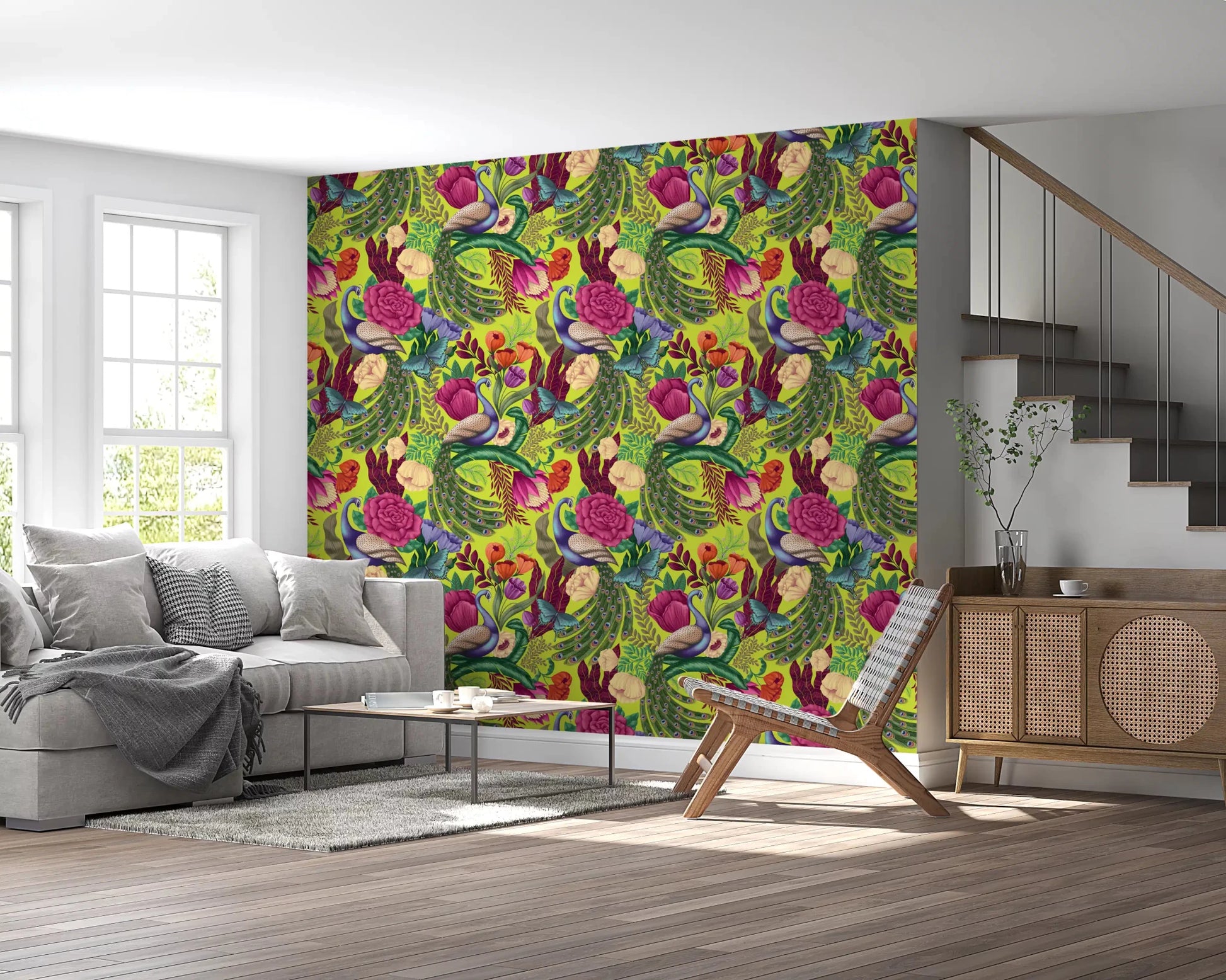 Neon green floral wallpaper for a hallway with peacock motif