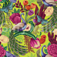 Neon green wallpaper with peacock feathers and layered flowers