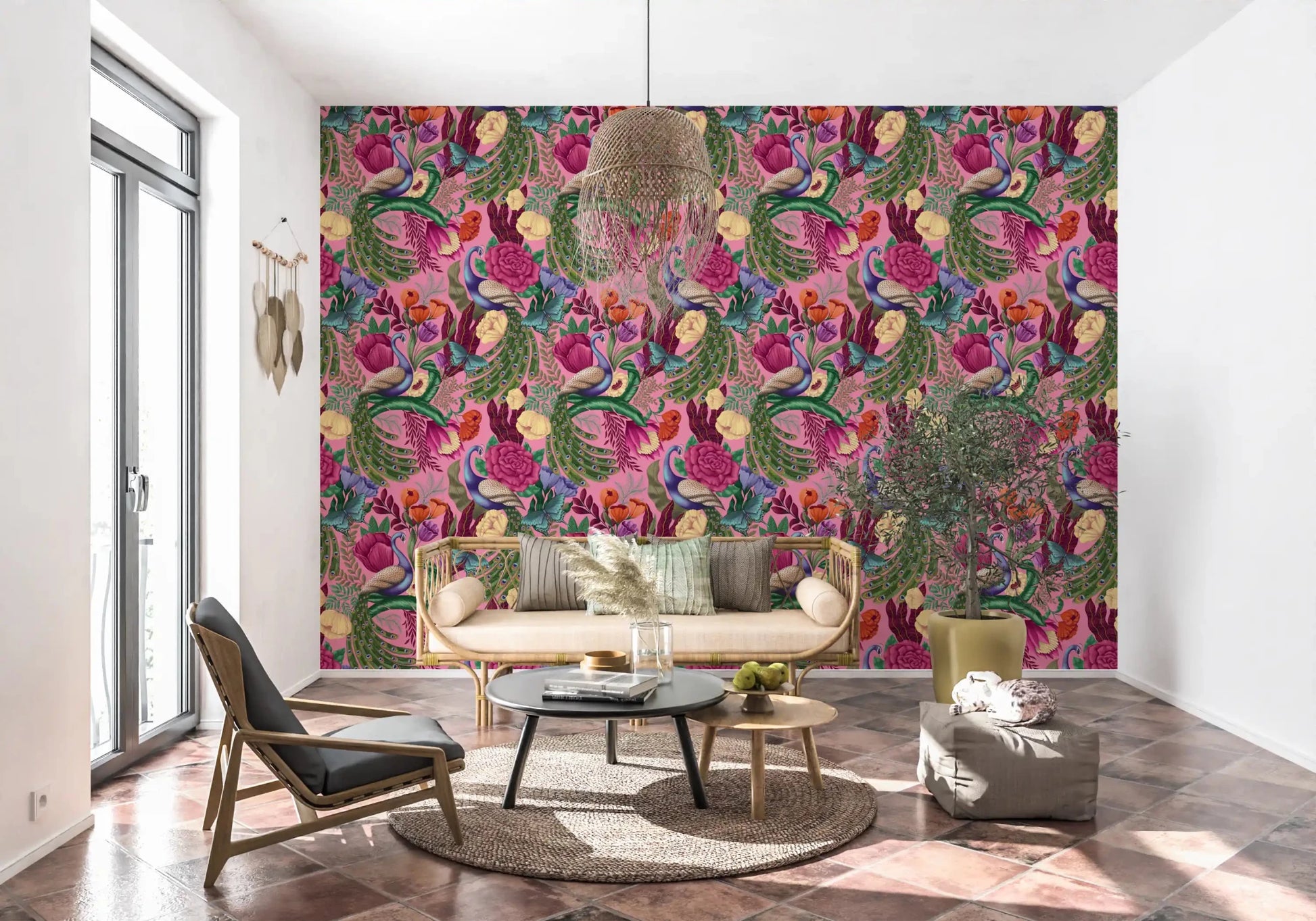 Bold botanical wallpaper with peacock motif and layered garden design
