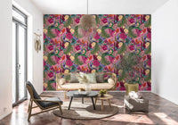 Bold botanical wallpaper with peacock motif and layered garden design