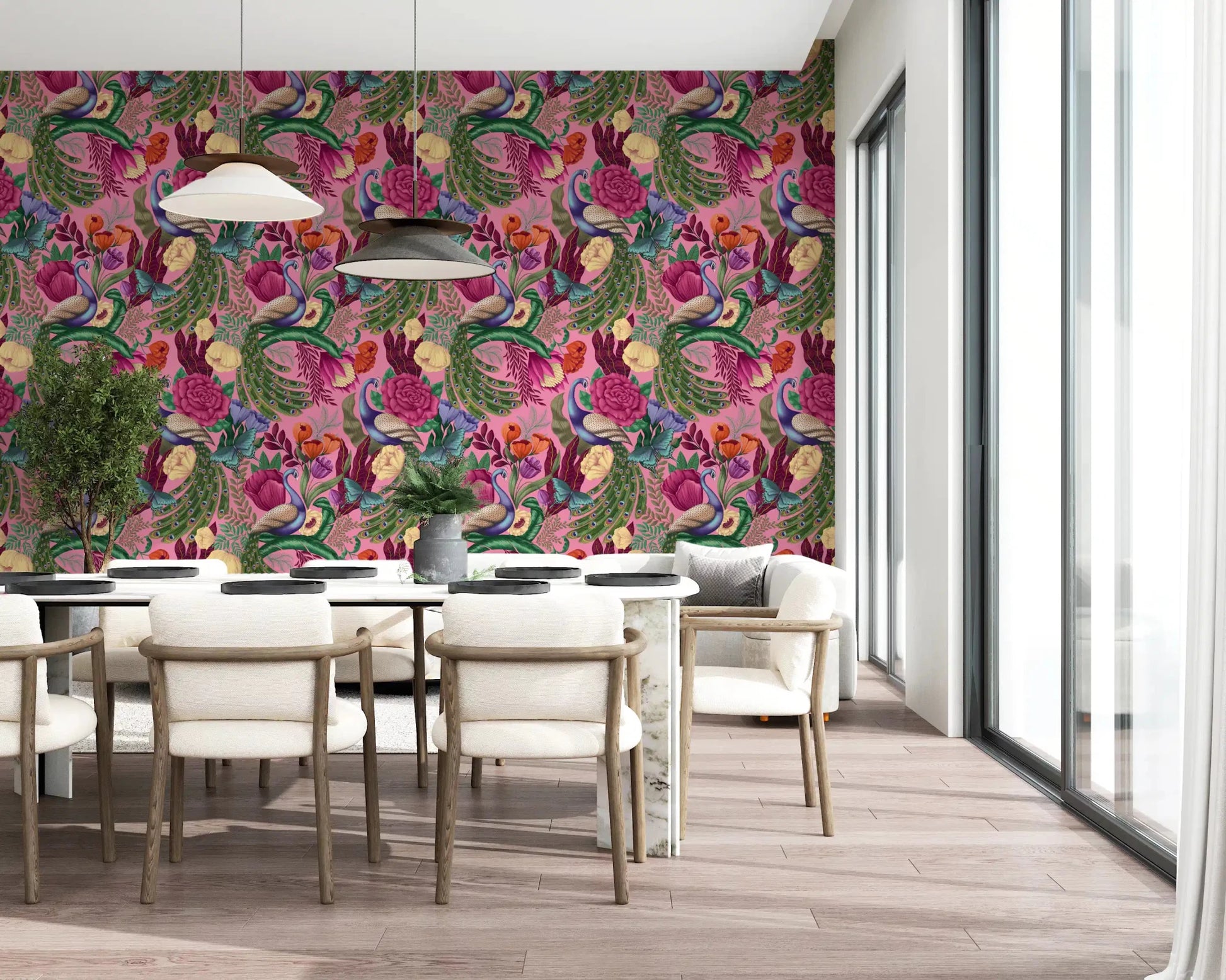 Decorative peacock wallpaper with roses, feathers, and floral details