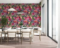 Decorative peacock wallpaper with roses, feathers, and floral details
