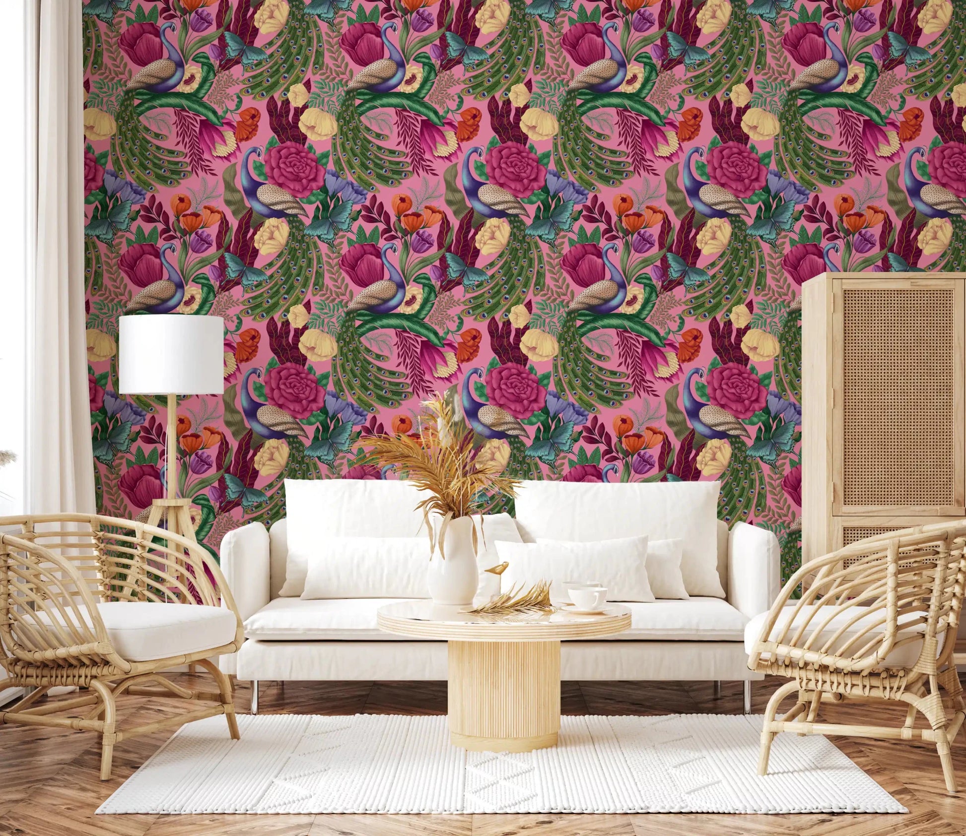 Maximalist peacock wallpaper for a hallway with bold botanical pattern