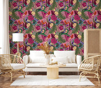 Maximalist peacock wallpaper for a hallway with bold botanical pattern