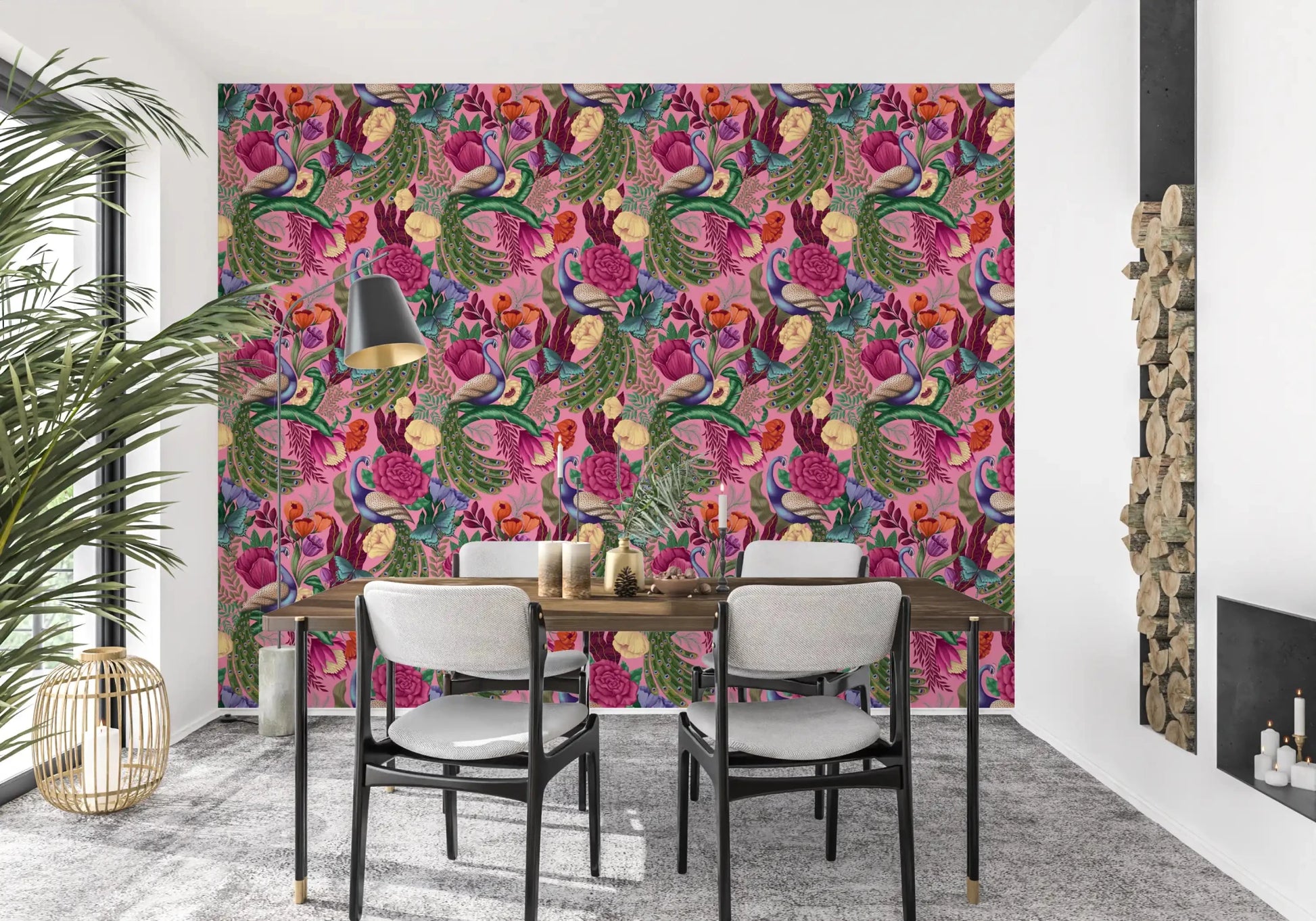 Peacock garden wallpaper in a diningroom with pink floral background