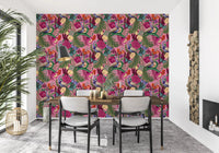 Peacock garden wallpaper in a diningroom with pink floral background