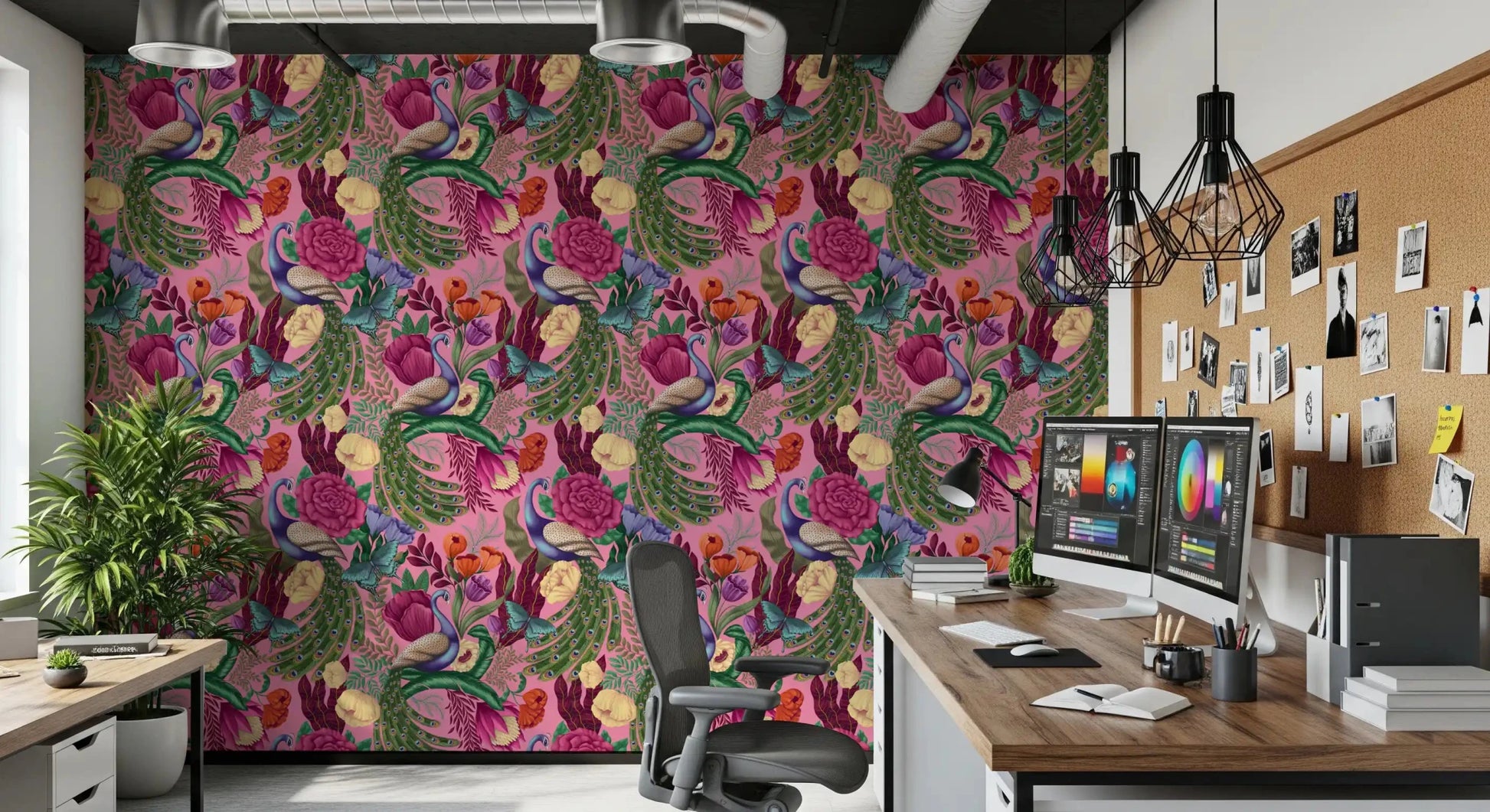 Pink floral wallpaper for a study room with peacock and butterfly motifs
