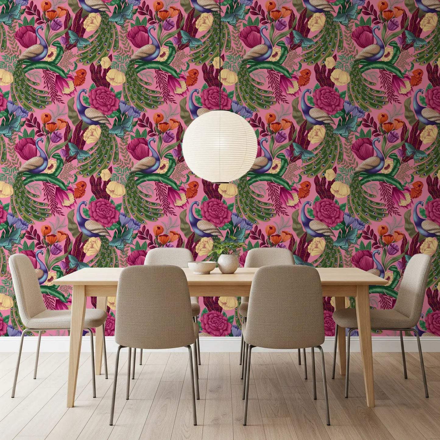Maximalist floral wallpaper with peacock bird and colorful foliage