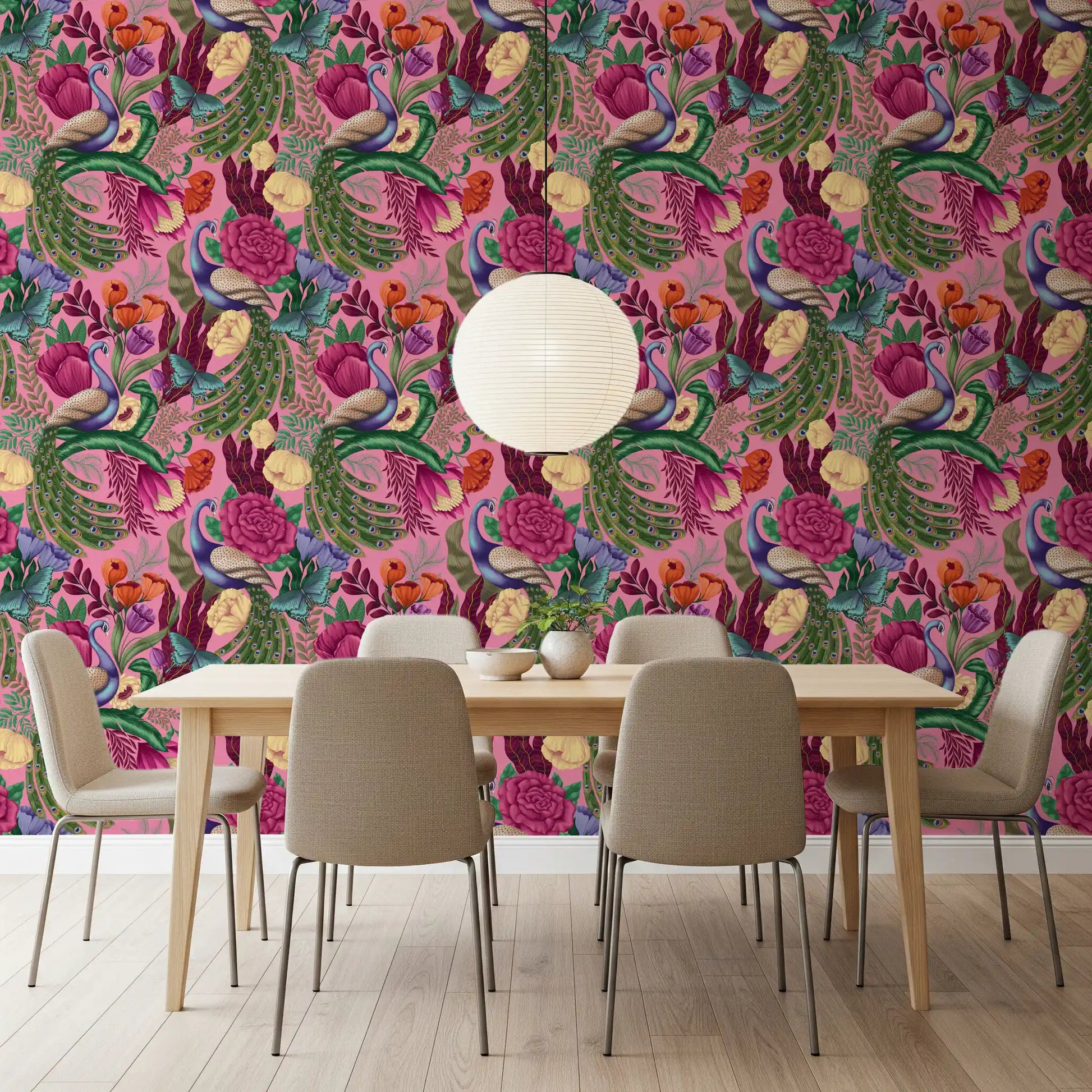 Maximalist floral wallpaper with peacock bird and colorful foliage
