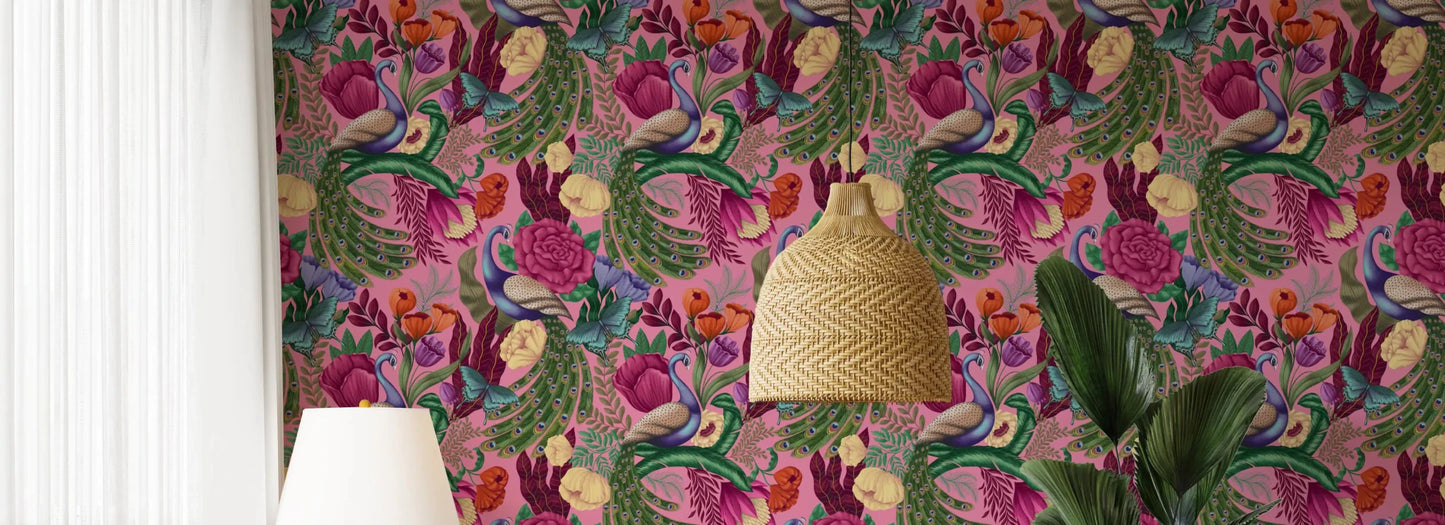 Peacock fantasy wallpaper with layered flowers on a soft pink base