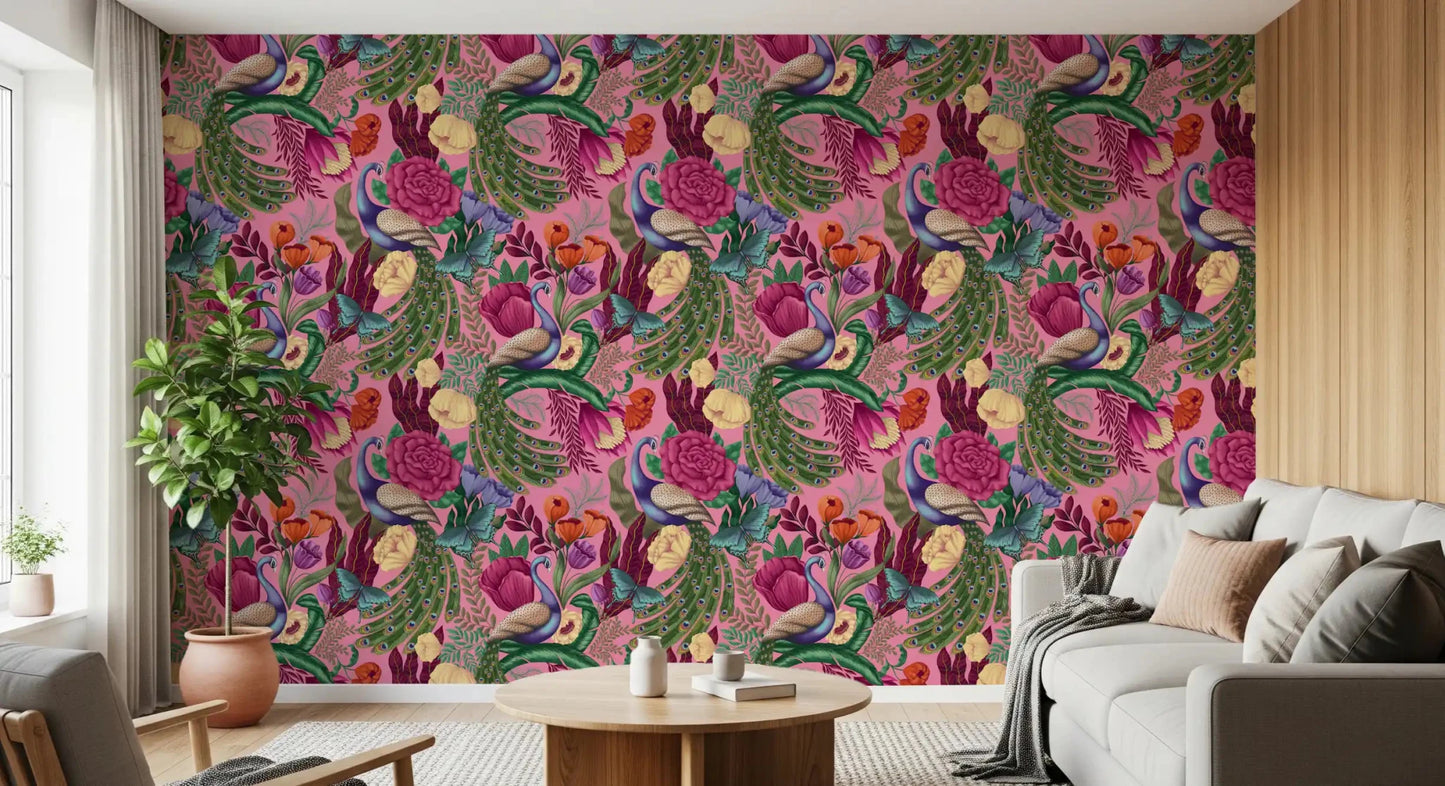 Pink botanical wallpaper with peacock feathers and vivid floral accents