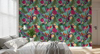 Turquoise peacock wallpaper for a bedroom with bold botanical pattern