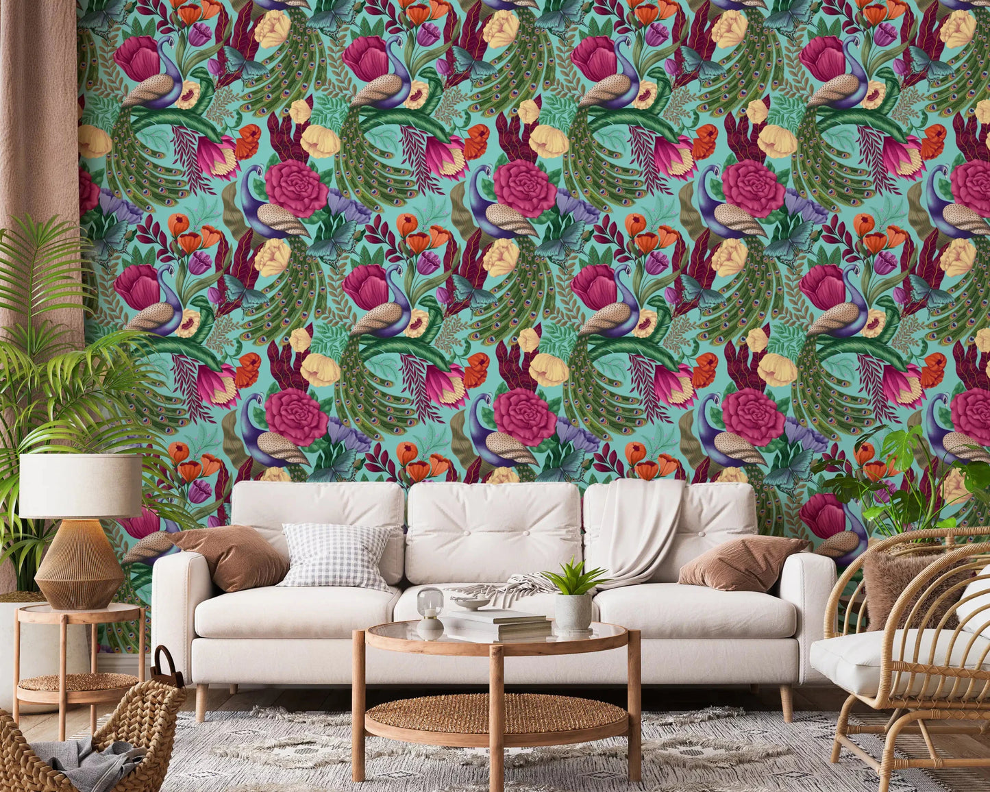 Turquoise botanical wallpaper with peacocks and blooming fantasy florals
