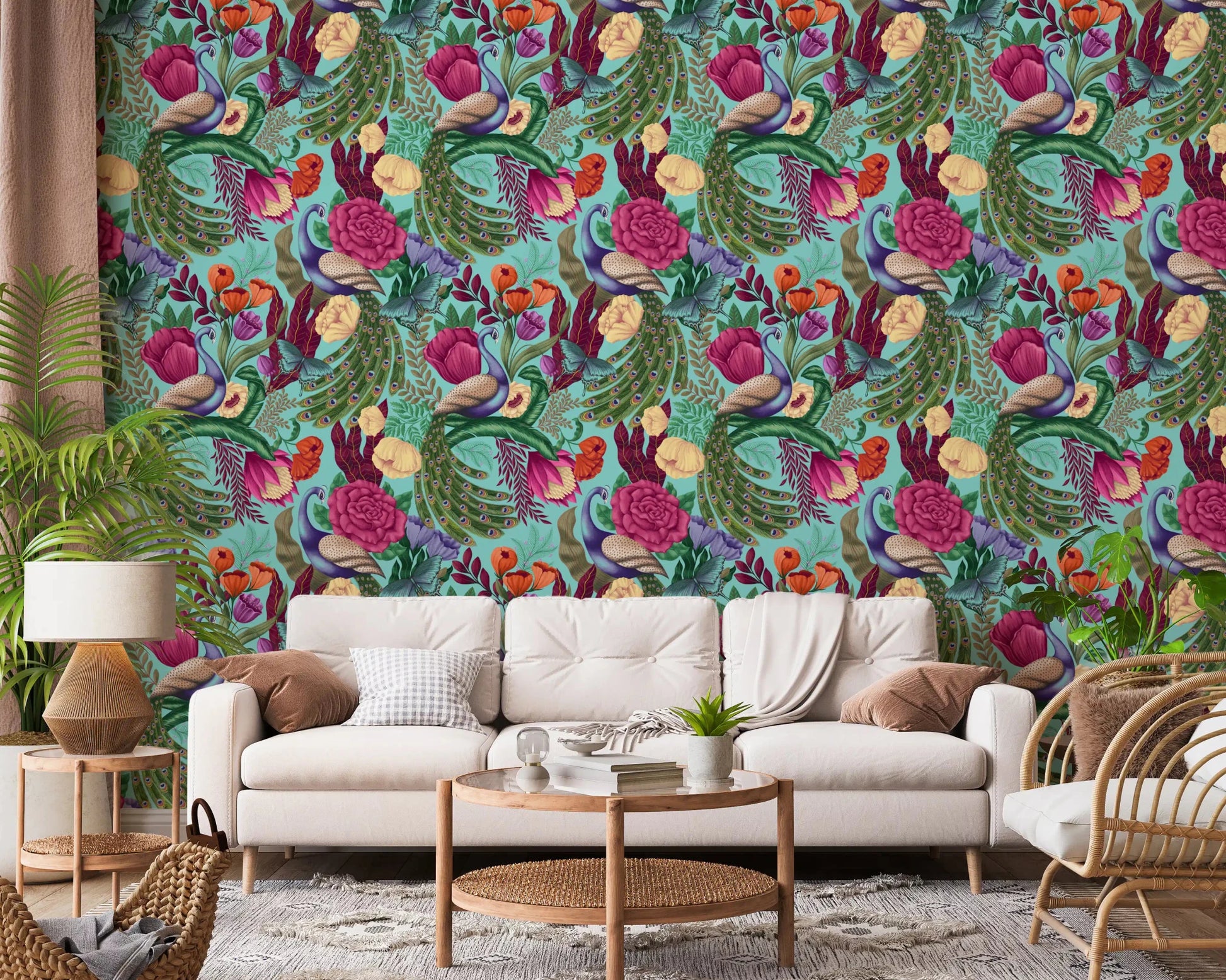 Turquoise botanical wallpaper with peacocks and blooming fantasy florals
