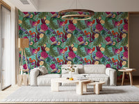 Maximalist wallpaper with purple peacock and layered botanical pattern
