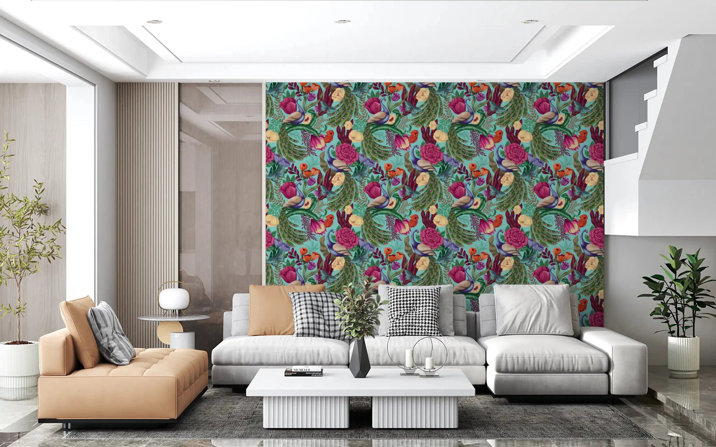Turquoise wallpaper with peacock feathers, roses, and tropical flowers