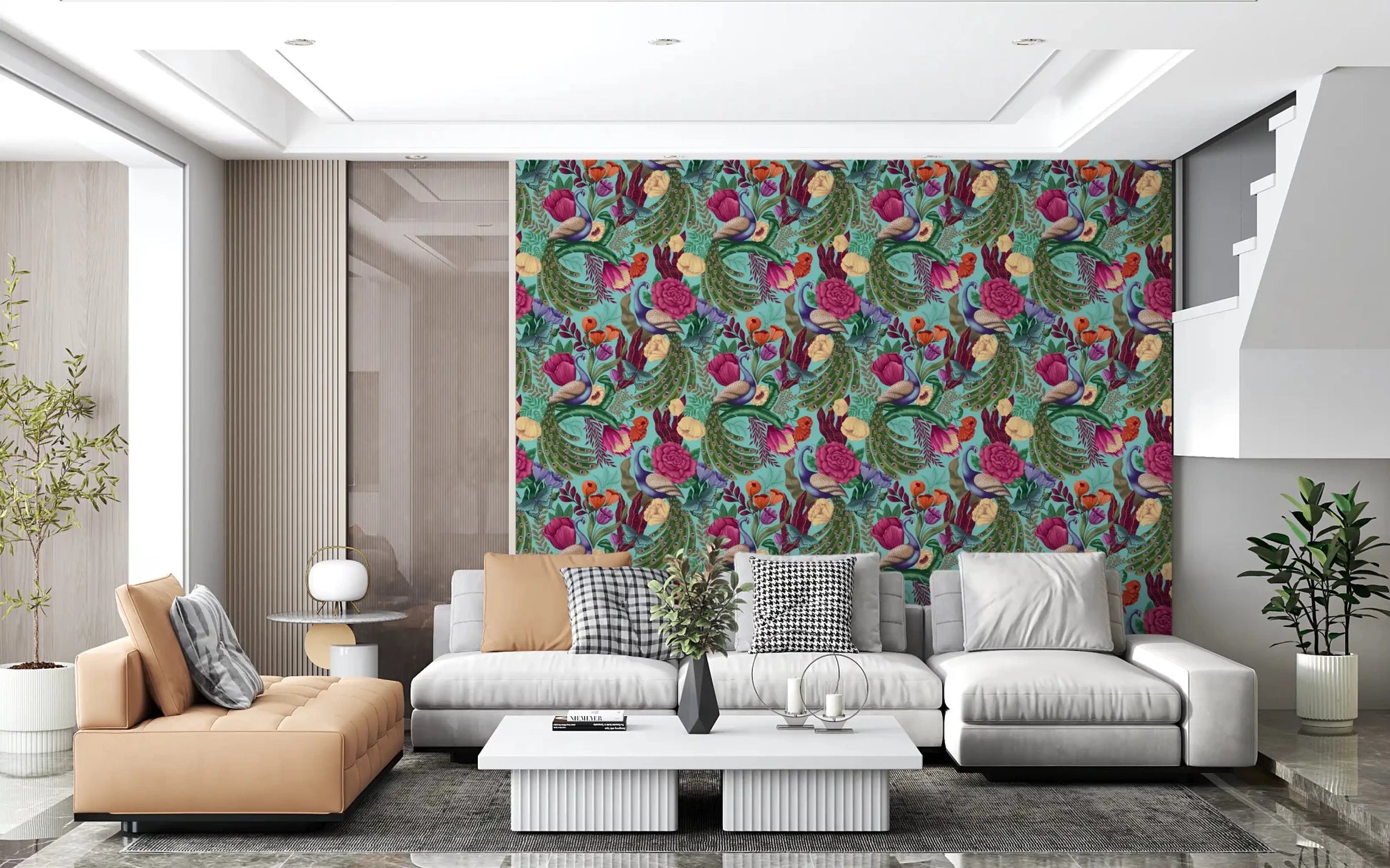 Turquoise wallpaper with peacock feathers, roses, and tropical flowers