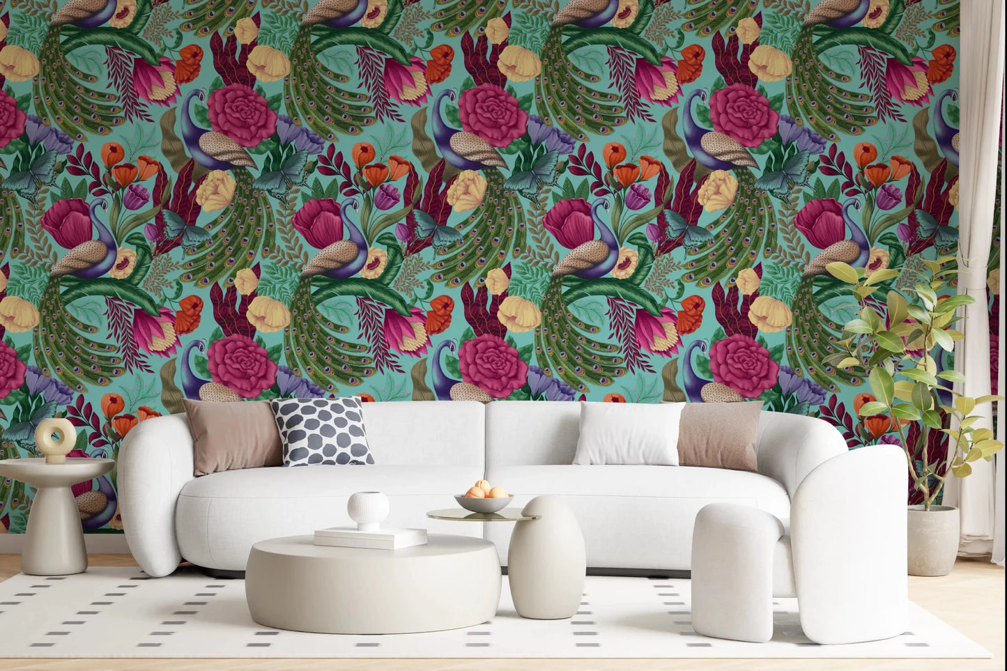 Colorful peacock wallpaper with roses, leaves, and feathered details