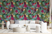 Colorful peacock wallpaper with roses, leaves, and feathered details
