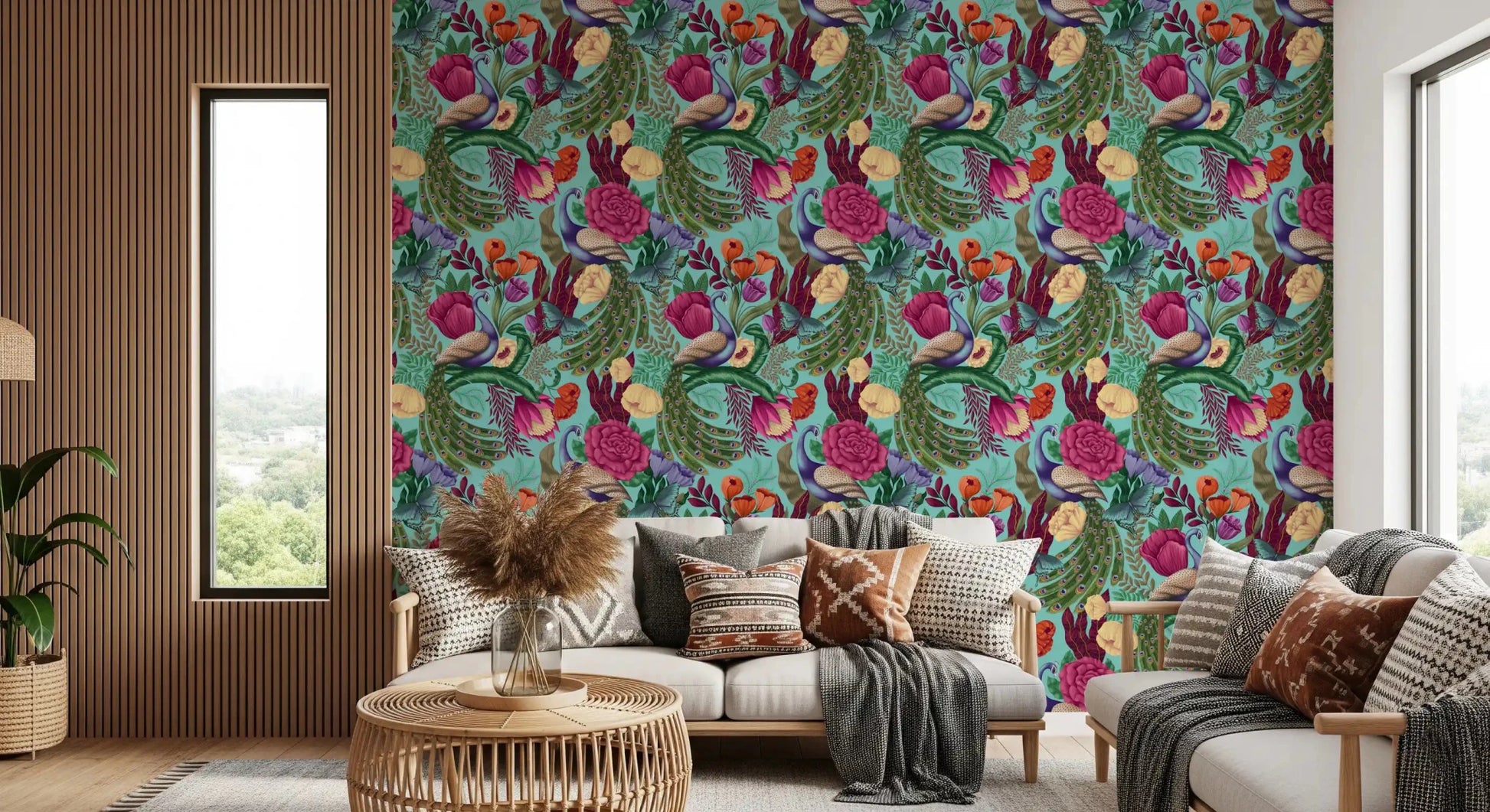 Garden wallpaper with peacock birds and vivid floral pattern on turquoise