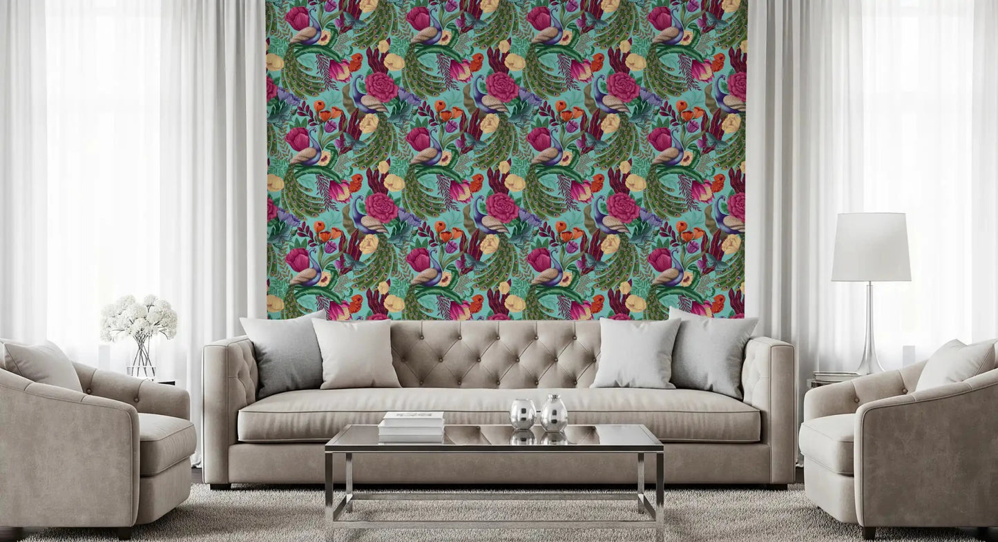 Maximalist bird wallpaper in a hallway with flowers and peacock feathers