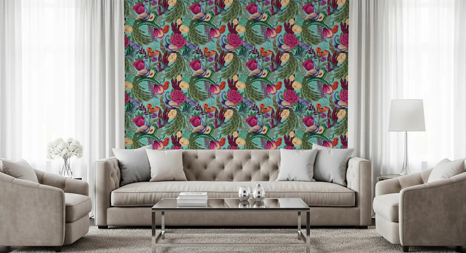 Maximalist bird wallpaper in a hallway with flowers and peacock feathers
