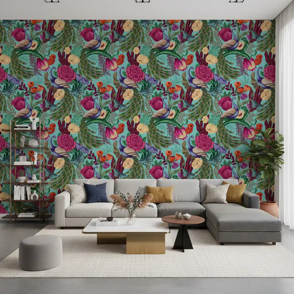 Floral peacock wallpaper with butterflies and jewel-tone garden details