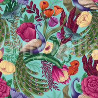 Bold floral wallpaper with peacock motif and rich multicolor foliage