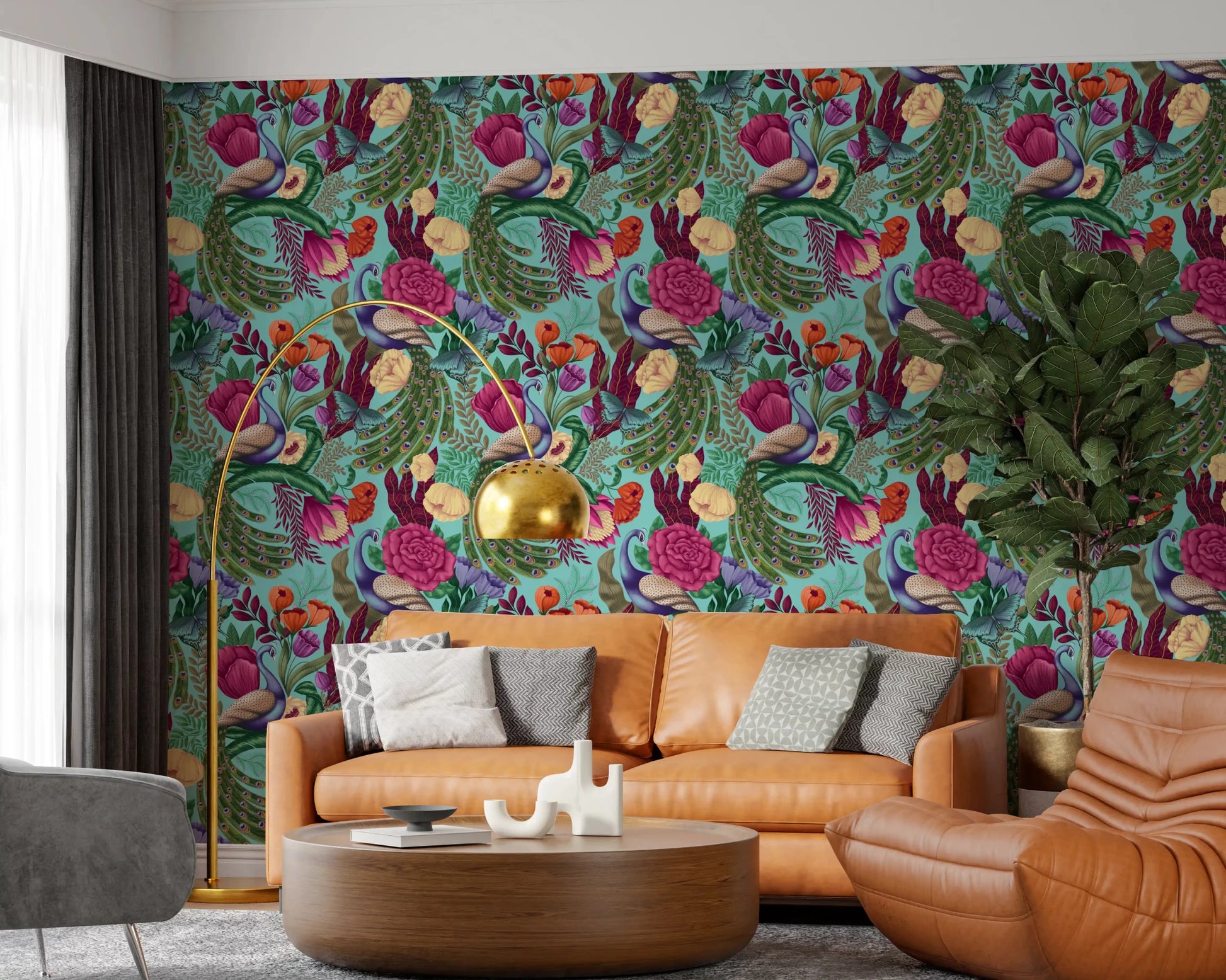 Fantasy garden wallpaper for a  office area with peacock and floral motifs