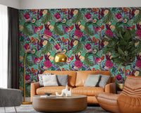 Fantasy garden wallpaper for a  office area with peacock and floral motifs