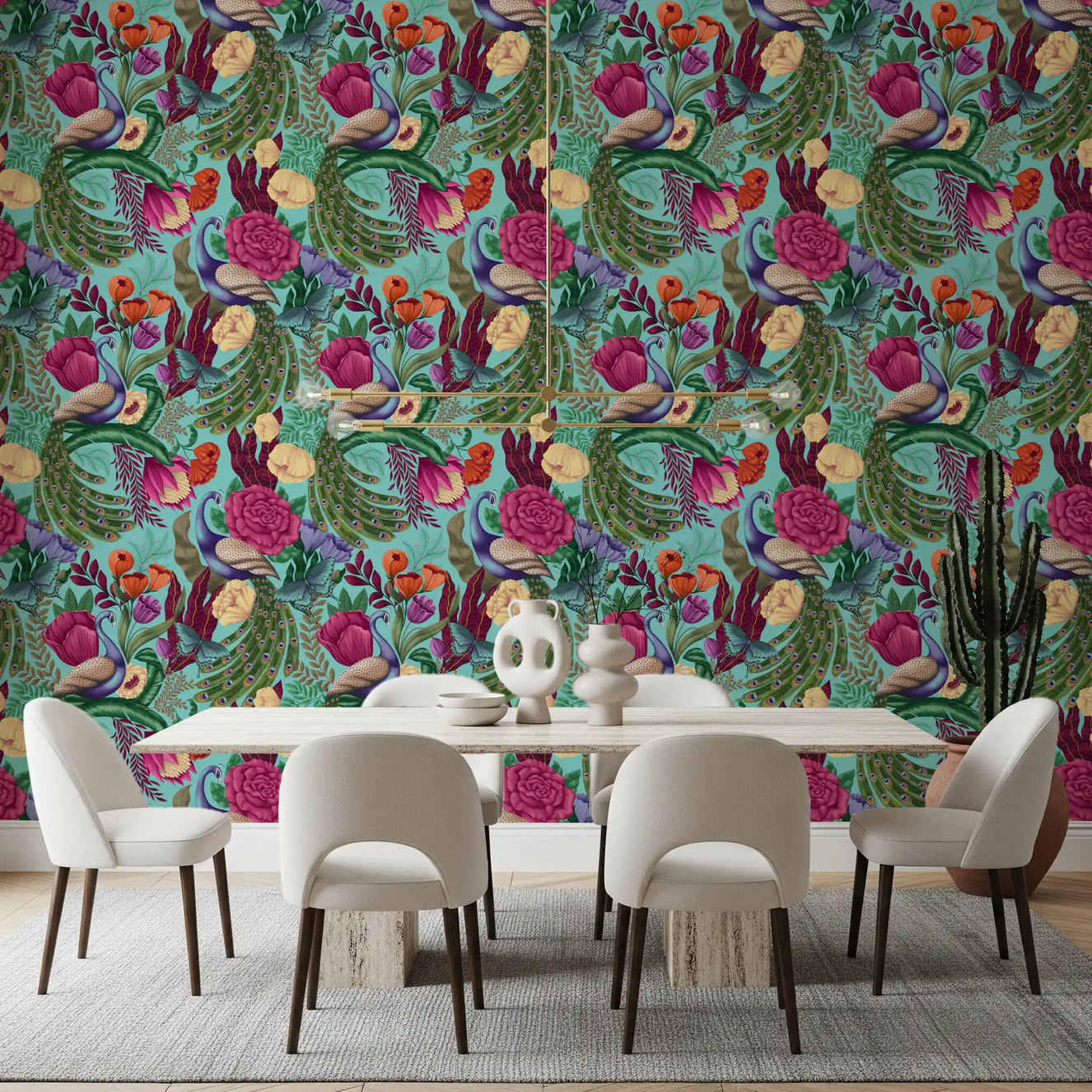 Peacock wallpaper in a dining room with turquoise background and floral detail