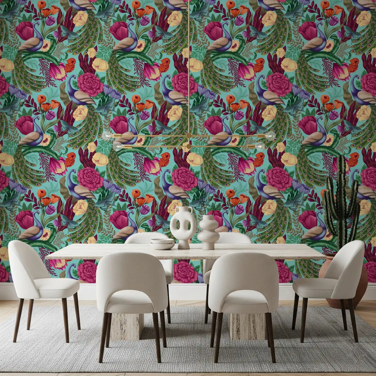 Peacock wallpaper in a dining room with turquoise background and floral detail