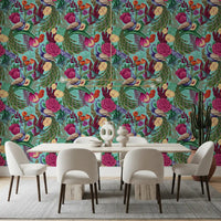 Peacock wallpaper in a dining room with turquoise background and floral detail
