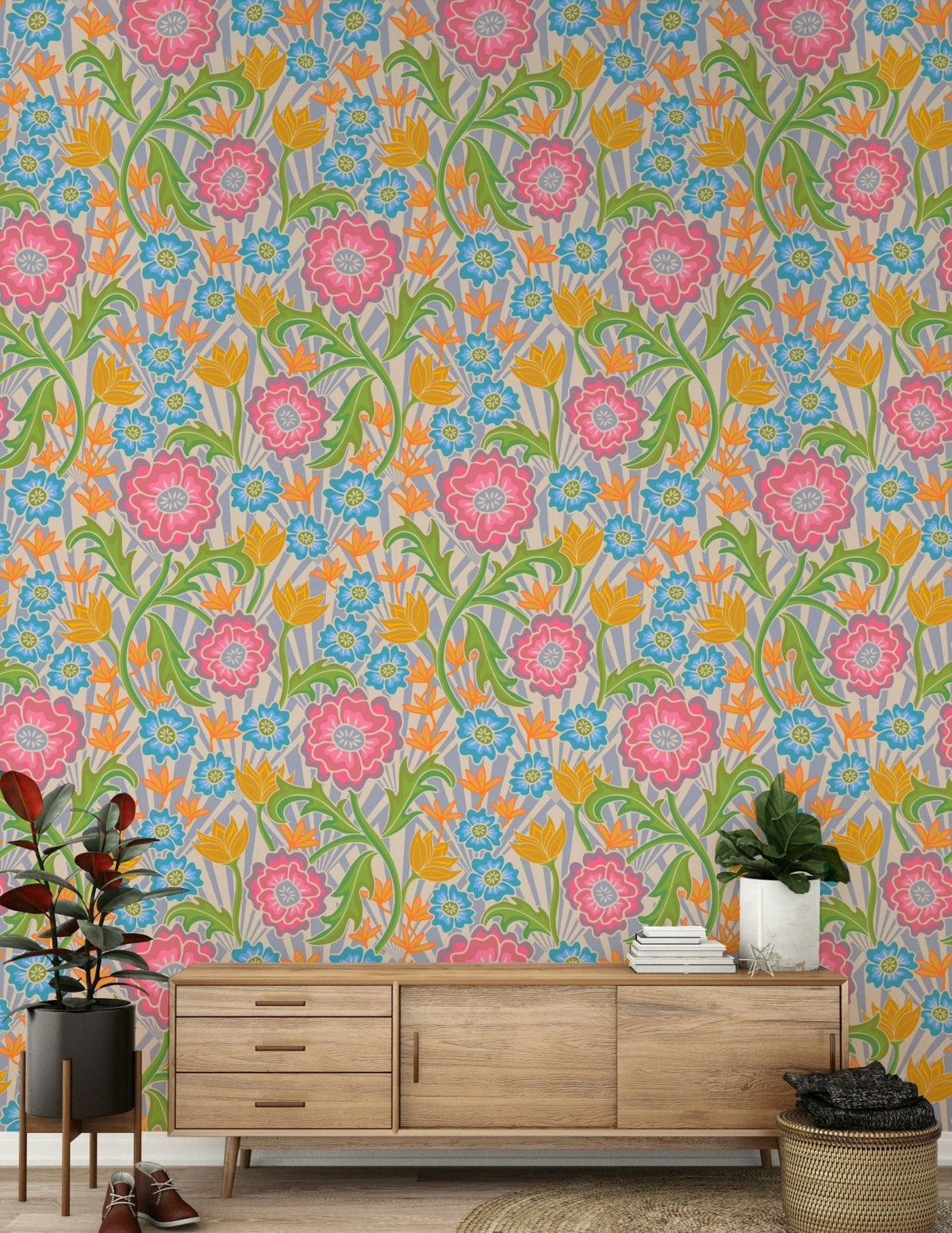 Maybelle Floral wallpaper, vibrant retro blooms, fuchsia and orange.