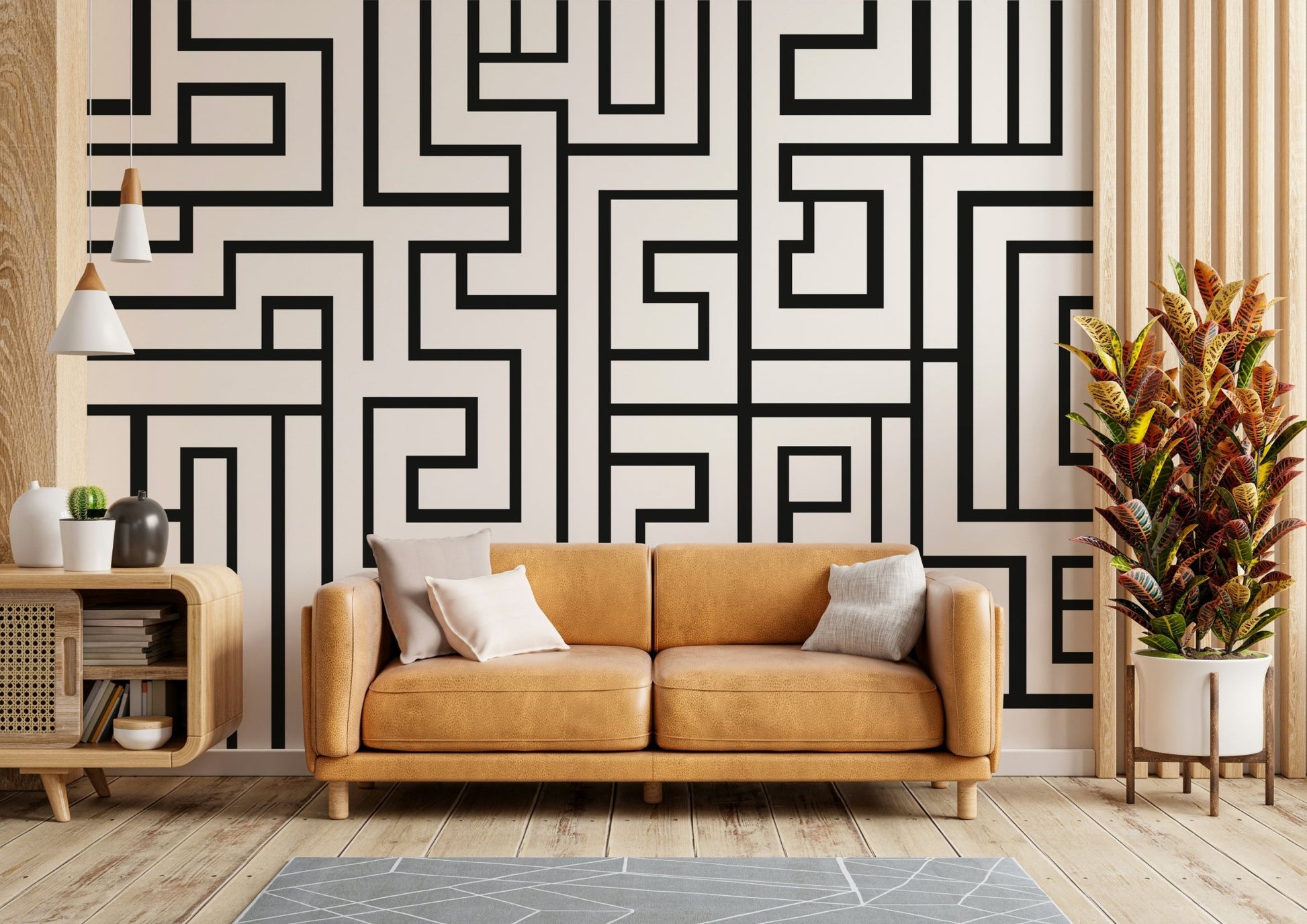 Maze pattern wallpaper in black and white
