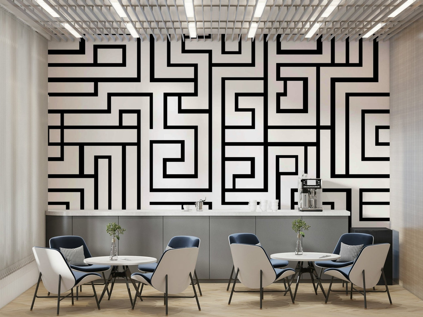 Maze-inspired mural for structured walls
