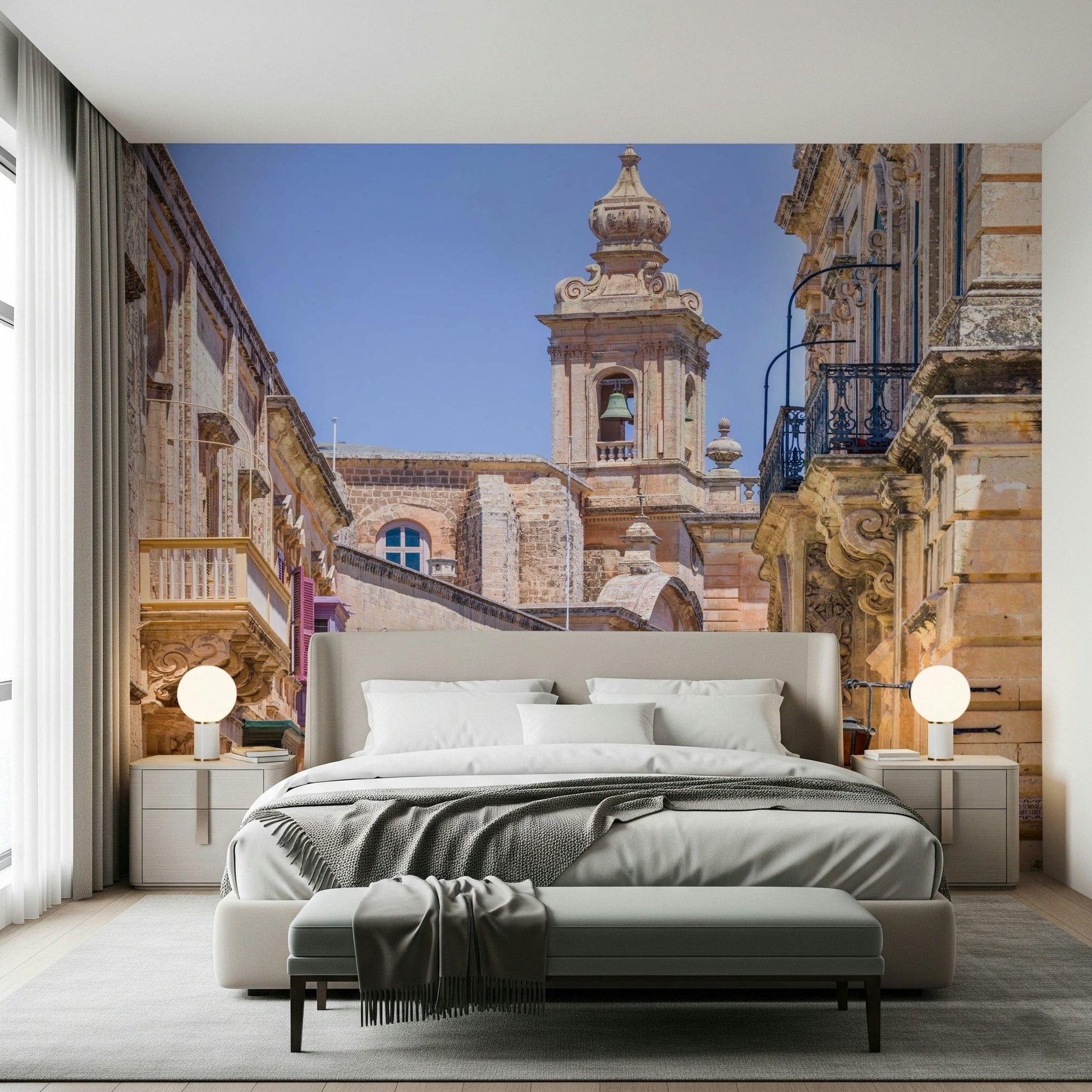 Feature wall mural of Mdina stone corridor in modern living room decor