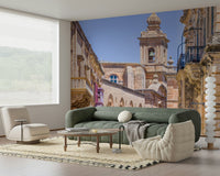 Mdina-inspired stone mural for stairs landing, modern wall decor look