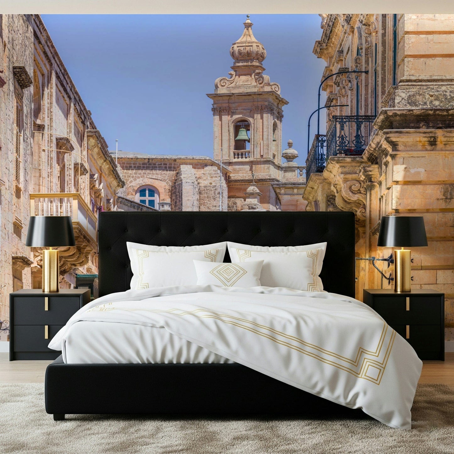 Mdina's Stone Grandeur Wall Mural behind bed, rustic stone textures