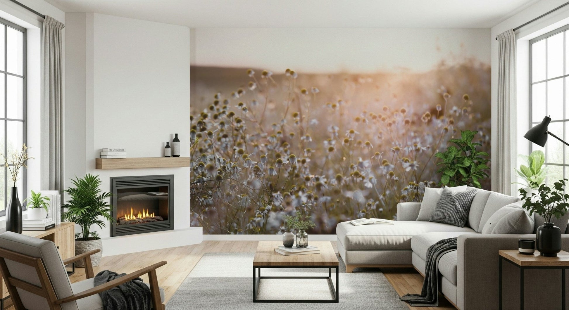 Scattered chamomile blossoms in Meadow Bloom Sunset gentle design.