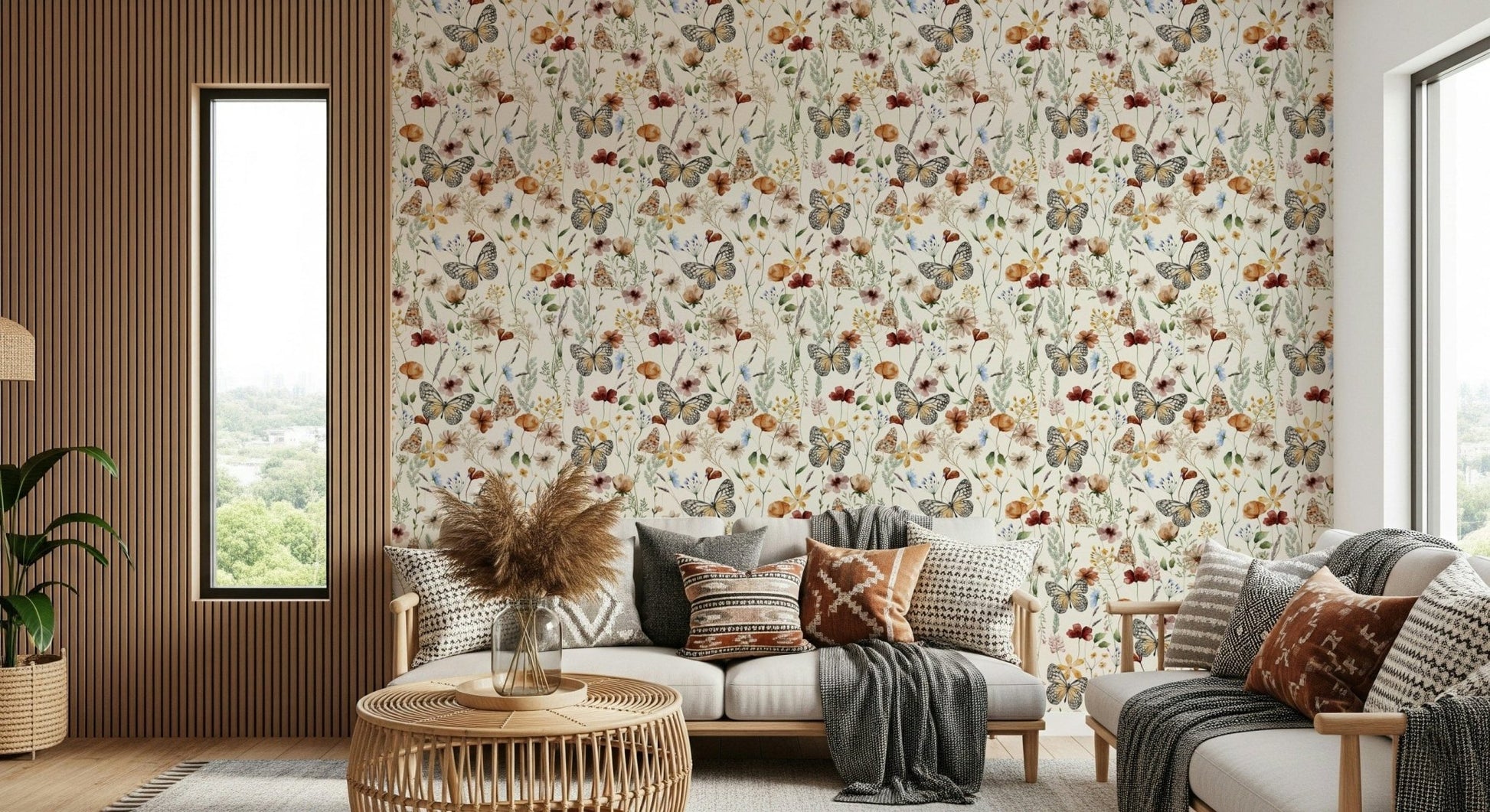 Meadow Butterflies wallpaper, sophisticated botanical illustration.