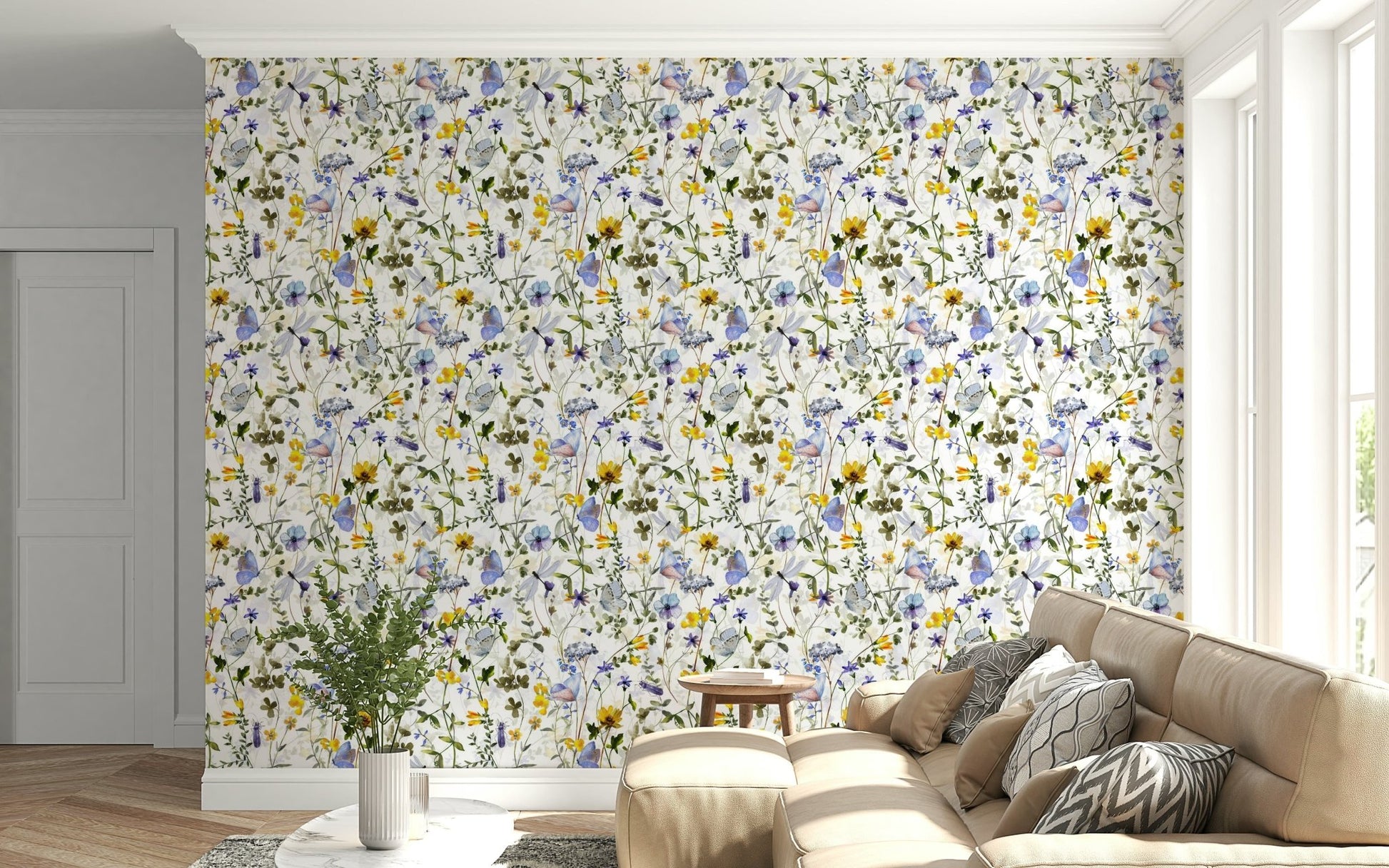 Watercolor Meadow Butterfly Whispers Garden, garden floral print accent wallpaper.