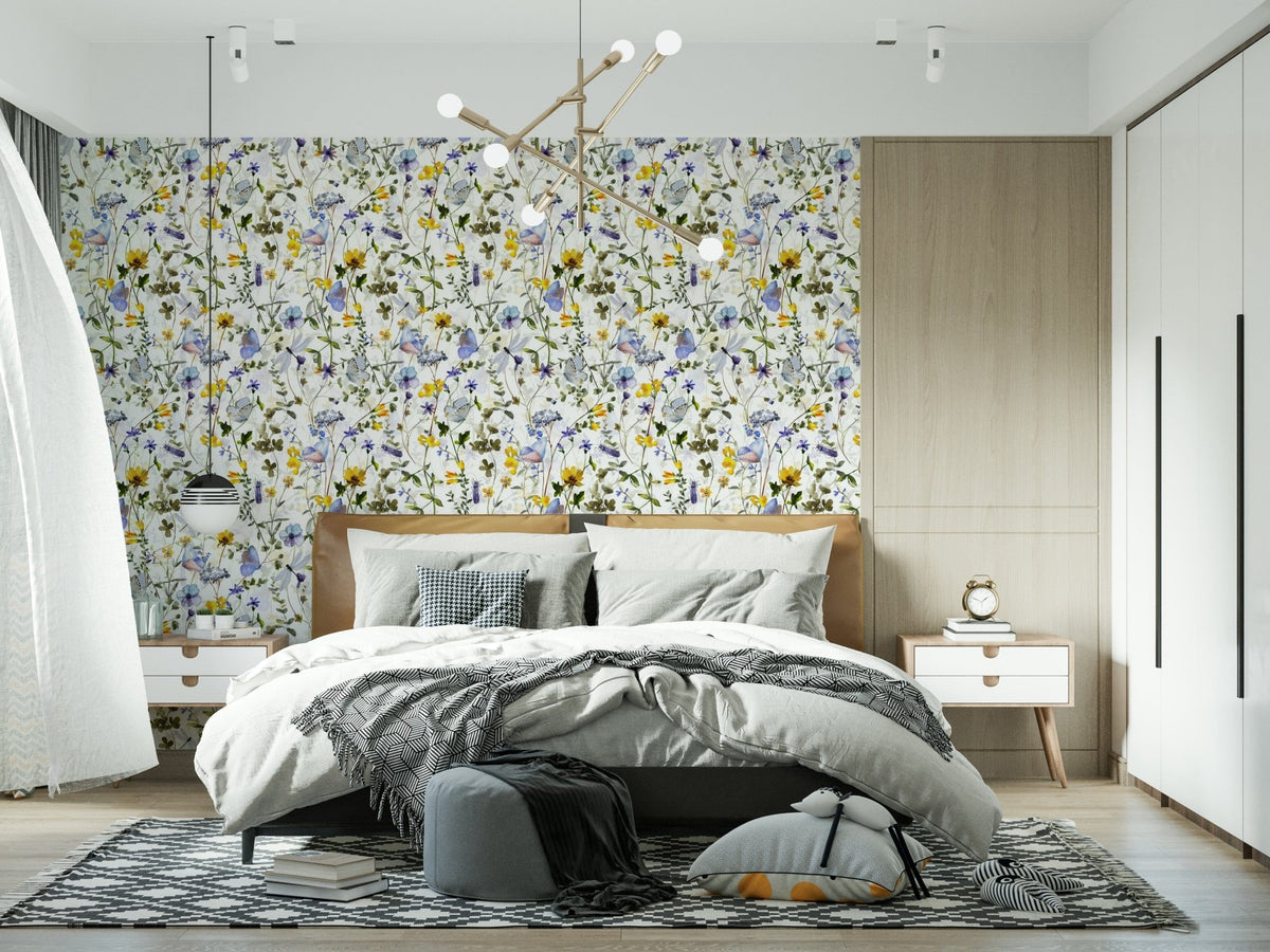 Meadow Butterfly Whispers Garden wall mural, blue purple yellow watercolor flowers.