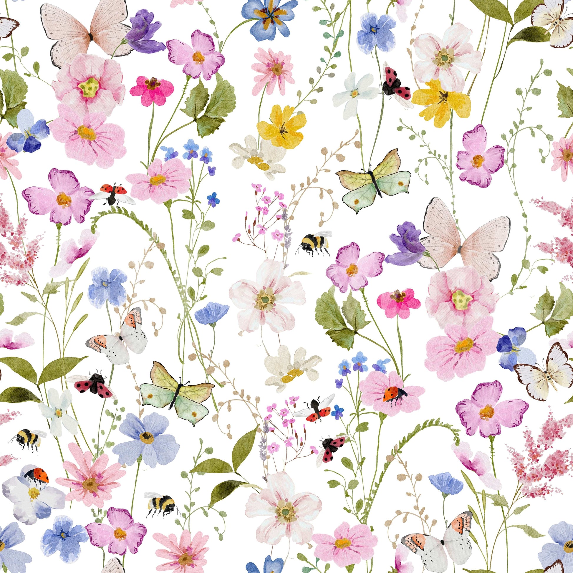 Vivid Meadow Whispers pattern, blooming spring wildflowers and many happy bees.