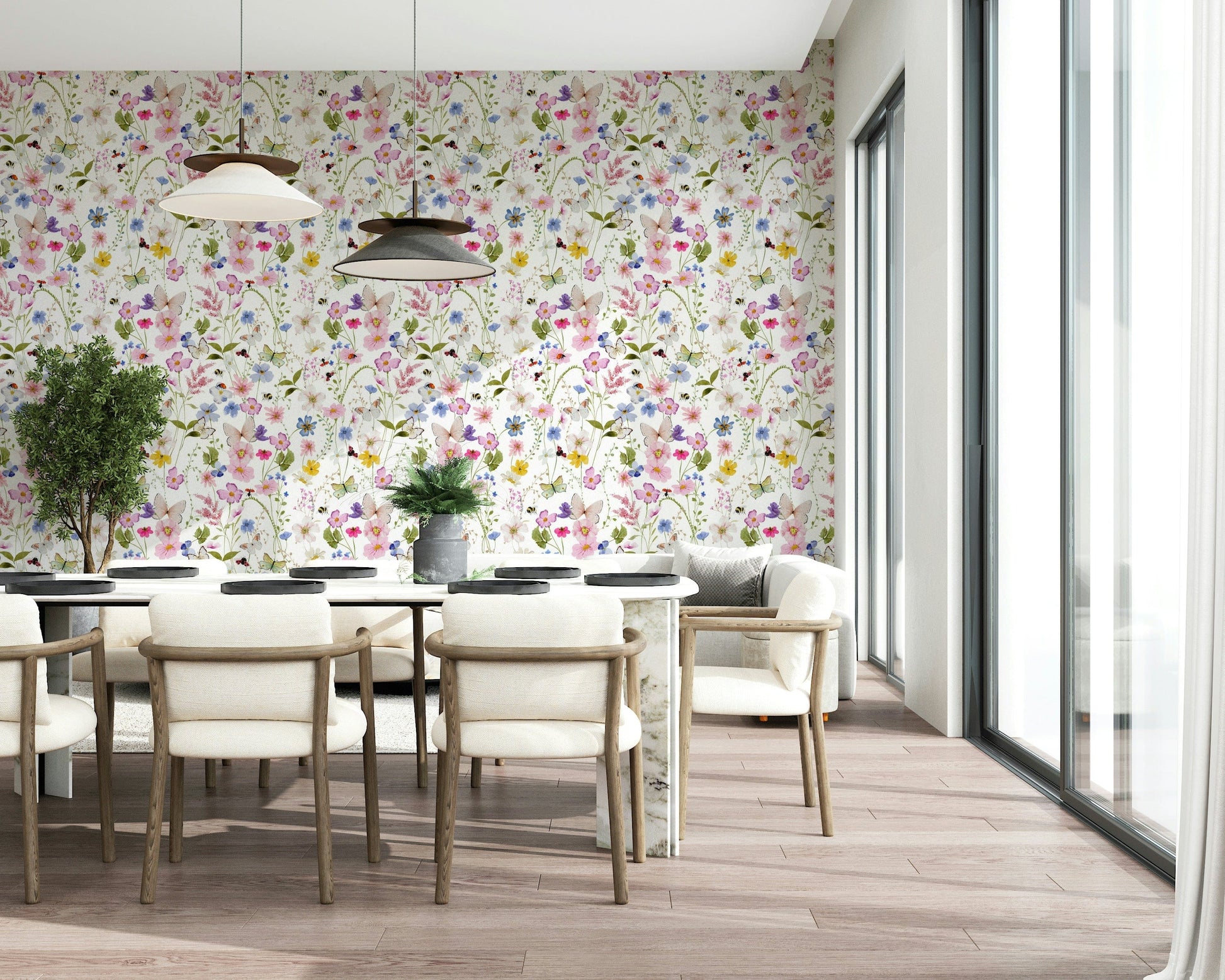 Cheerful Meadow Whispers mural, scattered meadow flowers, lively bug accents.