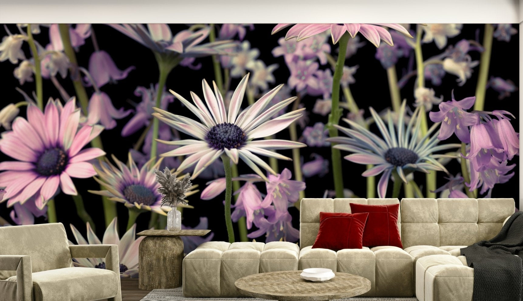 Meadow Flowers Wall Mural featuring vibrant purple and pink blooms

