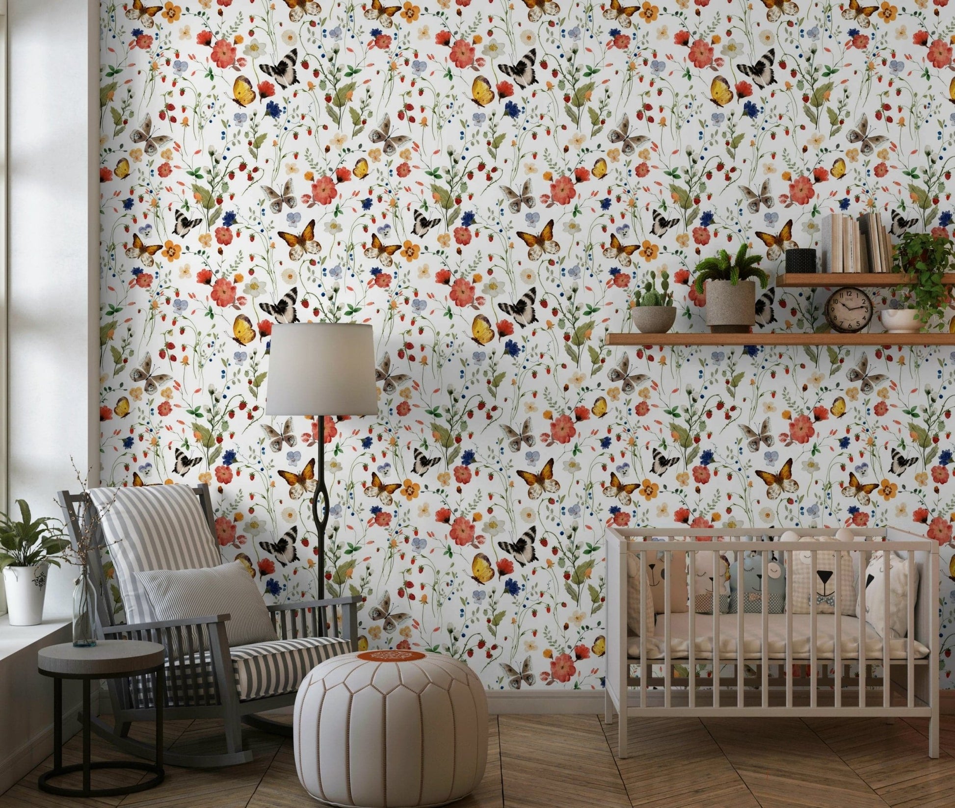 Whimsical Meadow Magic wall mural with watercolor flowers and berries.