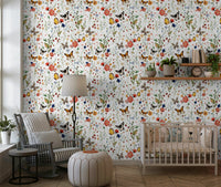 Whimsical Meadow Magic wall mural with watercolor flowers and berries.