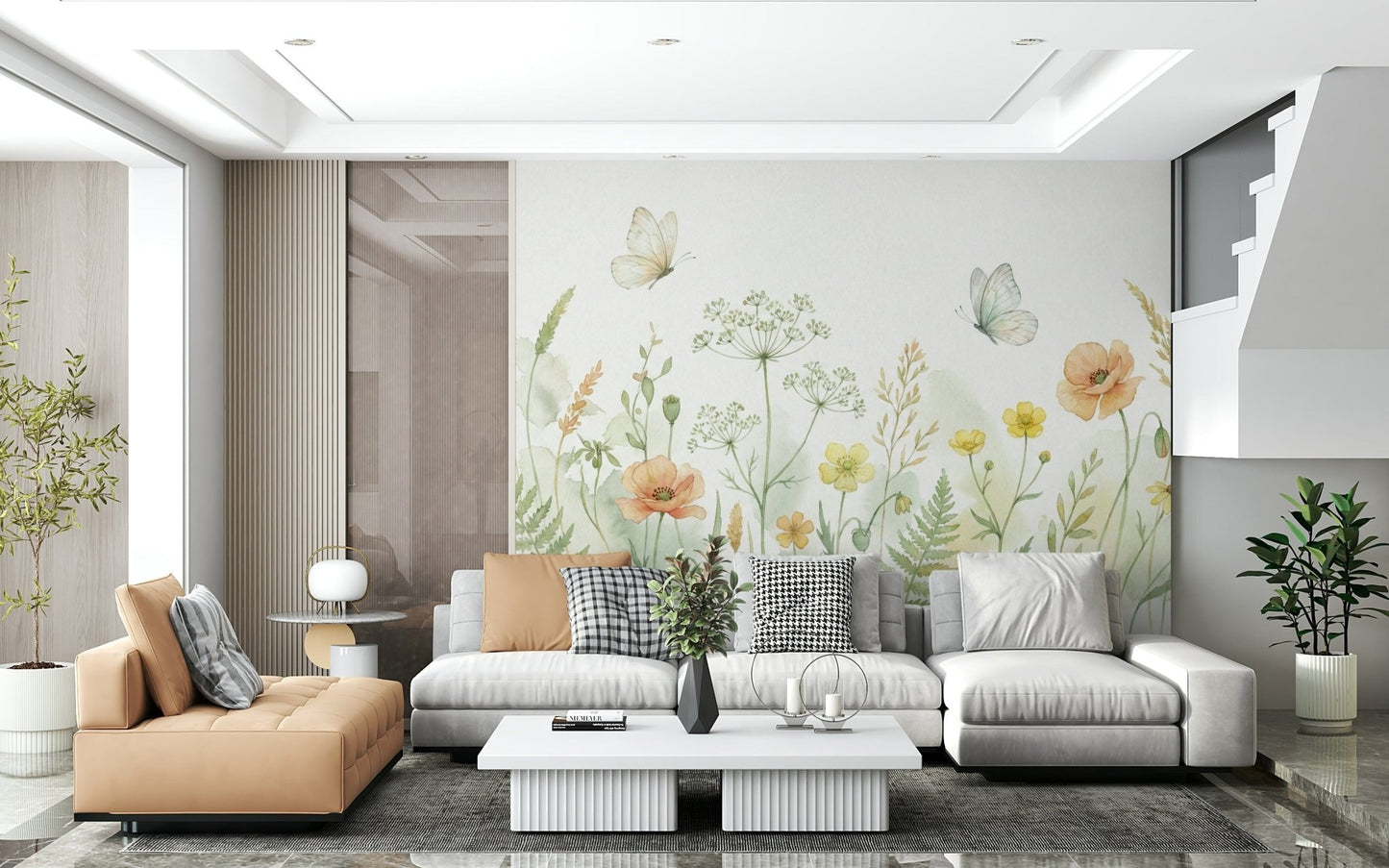 Bespoke Meadow Whispers print for a child’s bedroom with neutral tones.