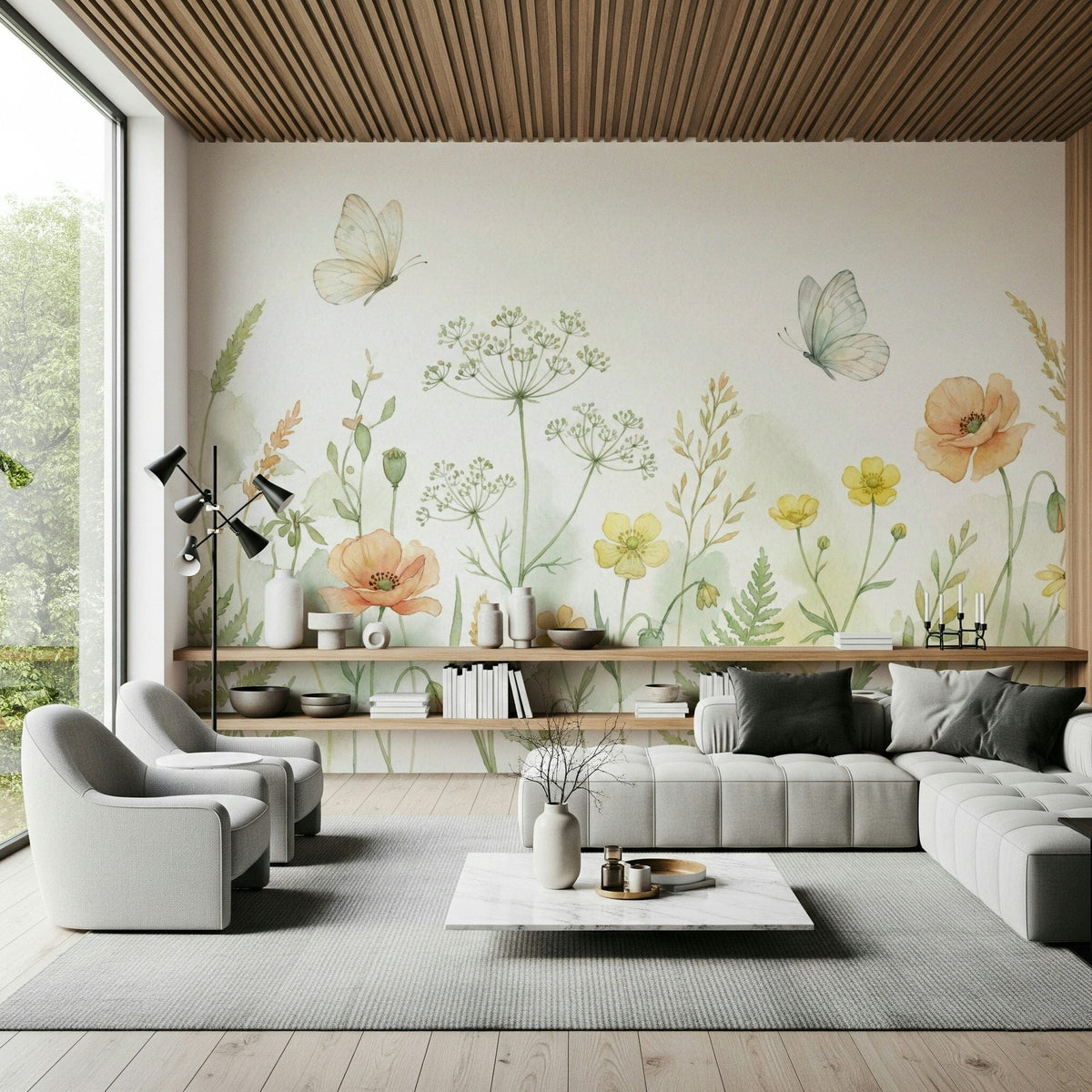 Delicate wild grass and floral wallpaper for a calm master bedroom.
